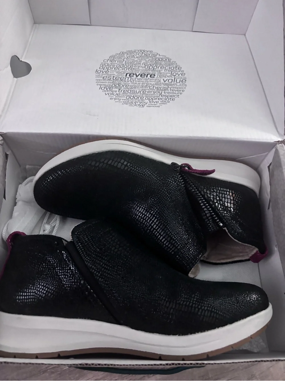 Reverse Black Slip-On Ankle Booties with Pink Pull Tabs